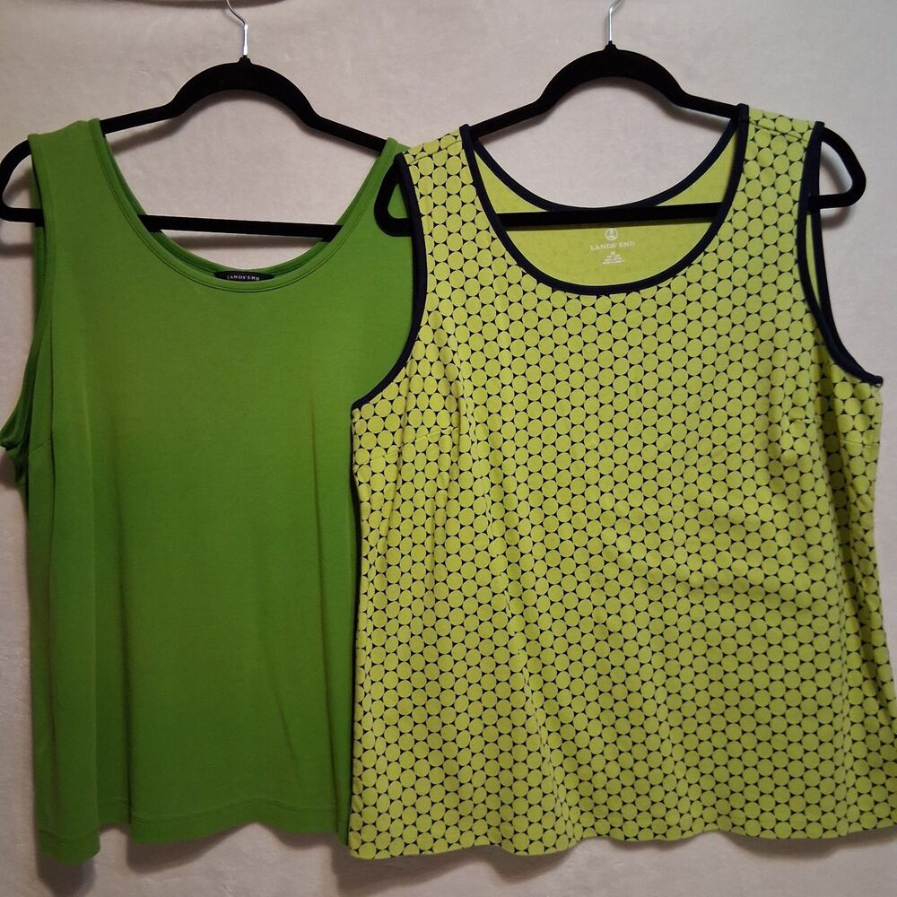 Lands End 1X Tank Top Lot Of 2 Green And Print Cotton Classic Layering Shell